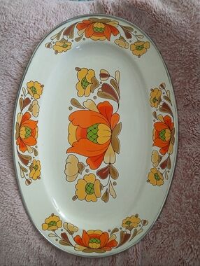 Vintage Floral Oval Serving Platter in Orange and Yellow